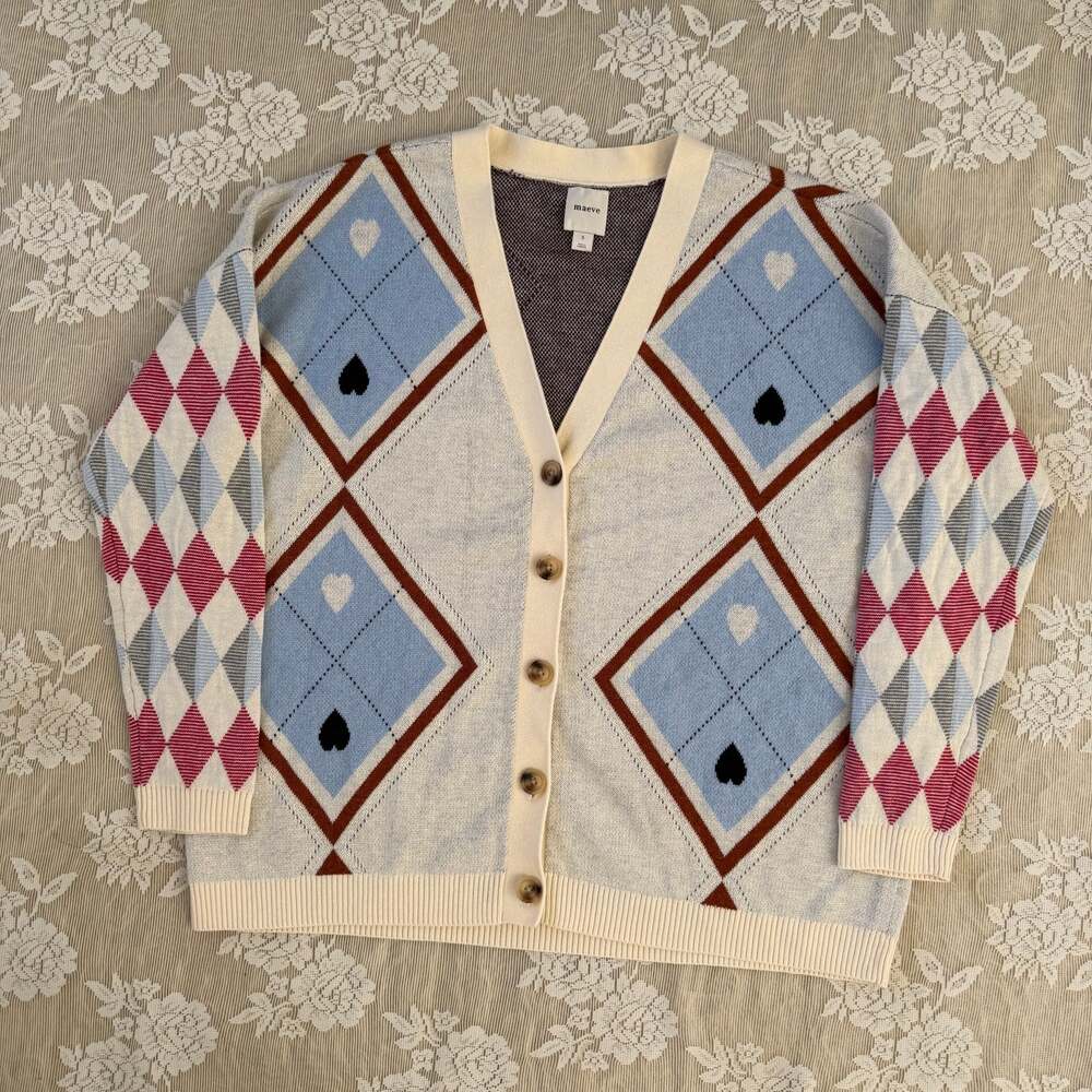 Anthropologie Maeve Argyle Heart Print Cardigan Size Small